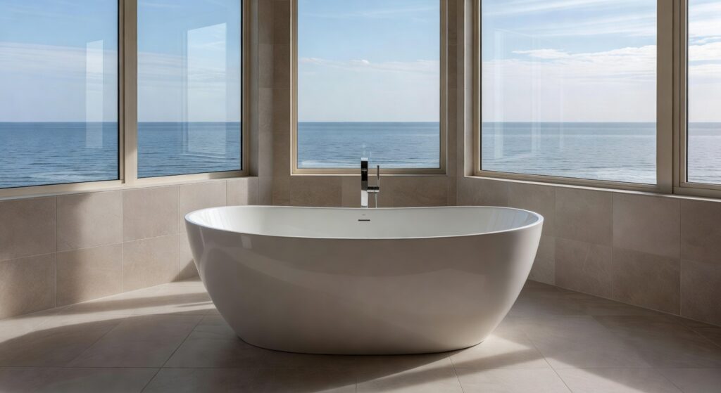 Ultra-realistic 8K photograph of a luxurious master bathroom in a Naples FL waterfront home featuring a freestanding oval soaking tub, floor-to-ceiling windows overlooking the Gulf, large format matte porcelain tiles in warm neutral tones, and soft natural daylight
