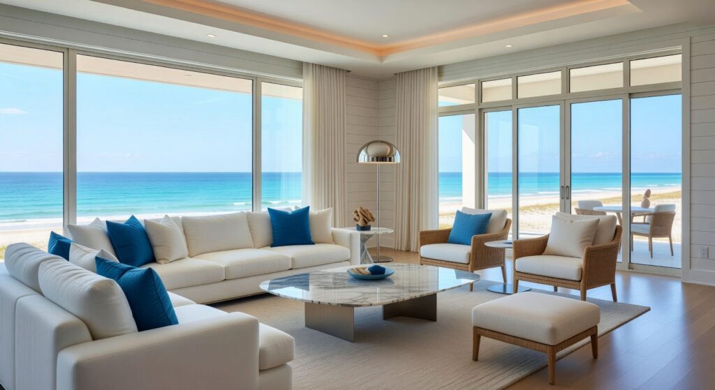 Ultra-realistic 8K photograph of a luxurious coastal living room in a Naples Florida beachfront home featuring AI-designed elements with serene blue and white color palette natural light flooding through large windows with ocean views high-end contemporary furniture photorealistic details