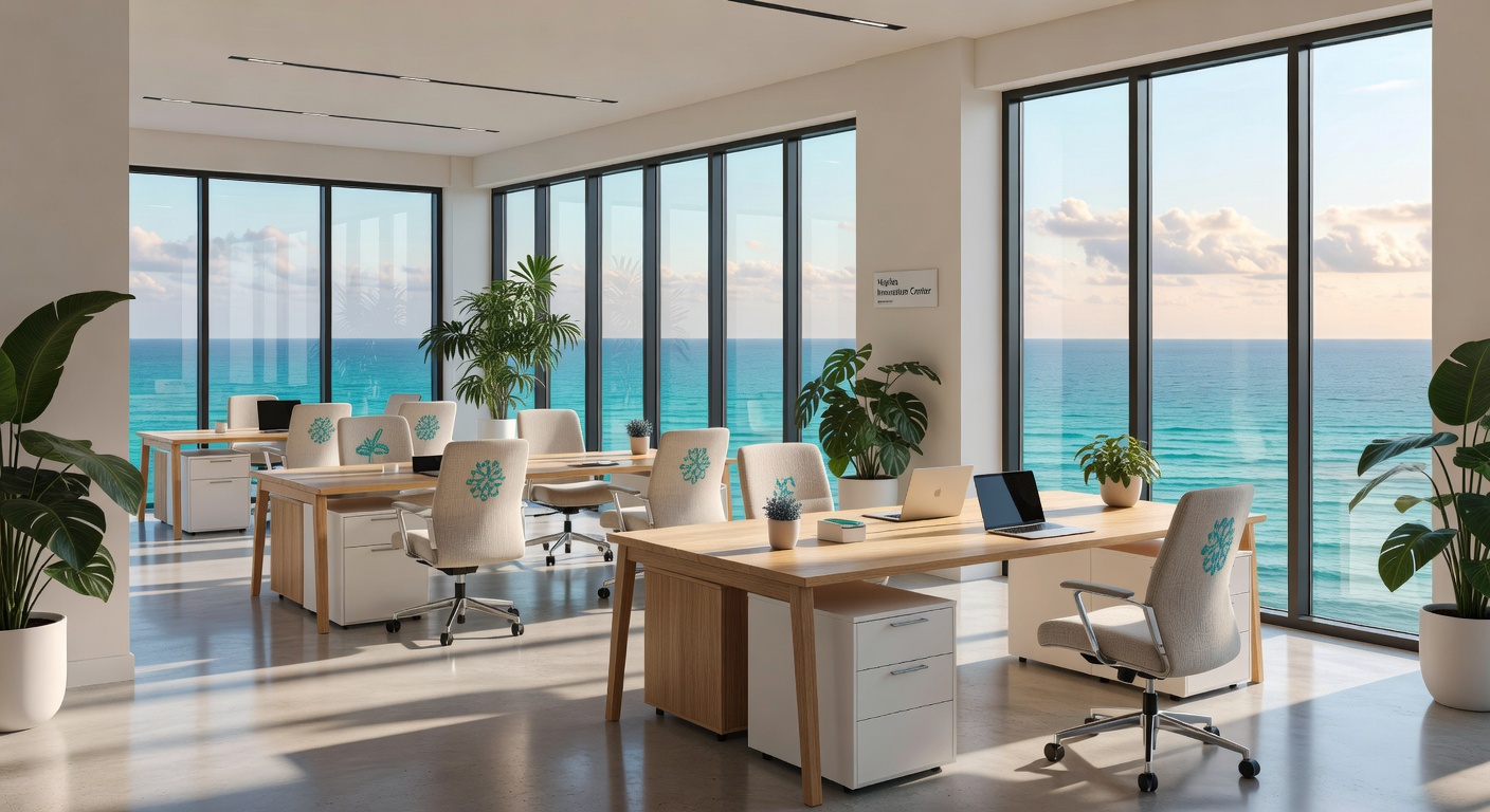 Ultra realistic 8K photograph of a sophisticated modern commercial office interior in Naples Florida with floor-to-ceiling windows overlooking the Gulf, minimalist white oak desks, ergonomic seating in coastal neutrals with turquoise accents, abundant natural light, architectural photography style