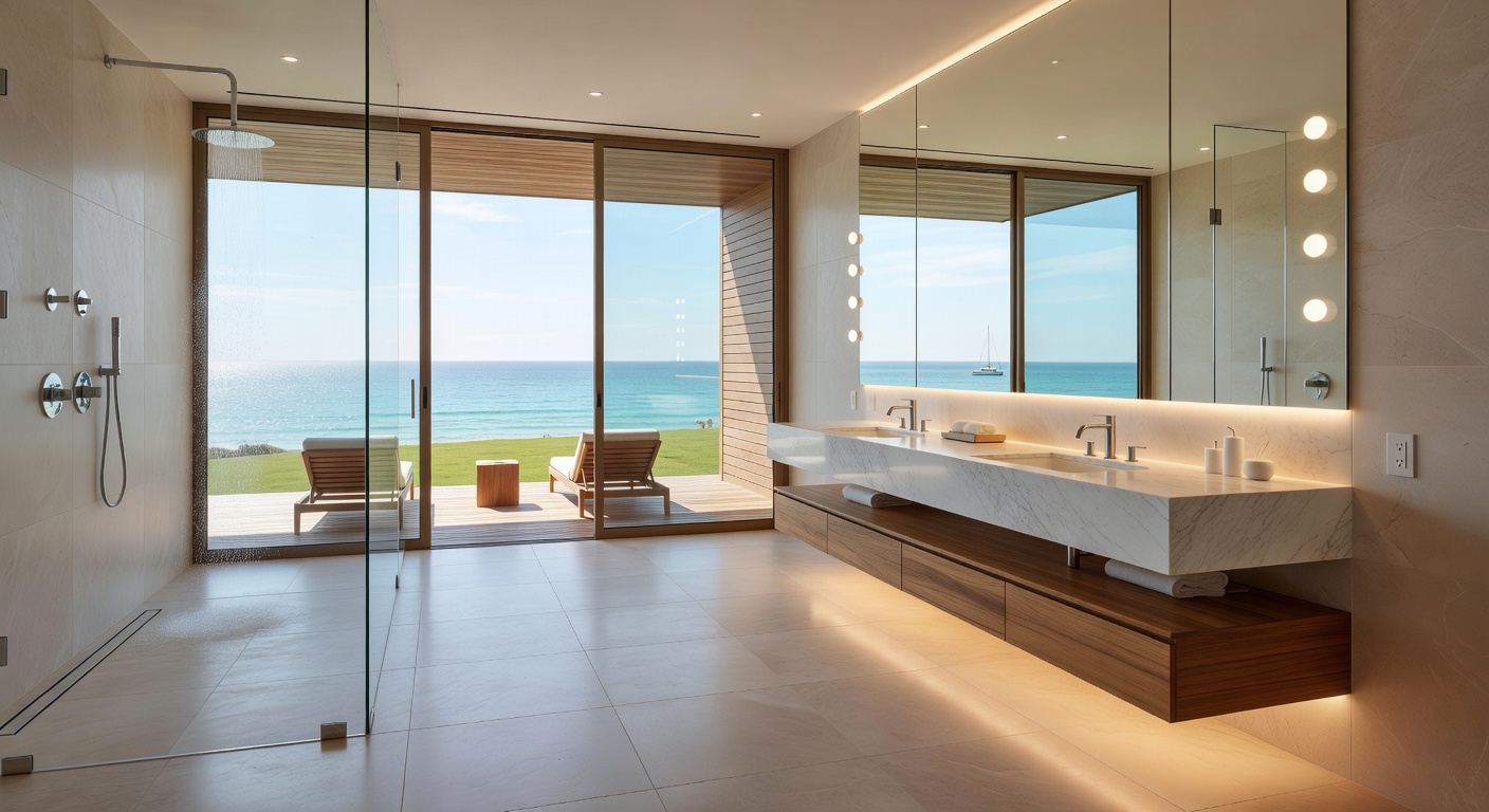 Ultra-realistic 8K photograph of a sculptural solid surface freestanding bathtub positioned beside a large picture window with ocean views and heated porcelain flooring