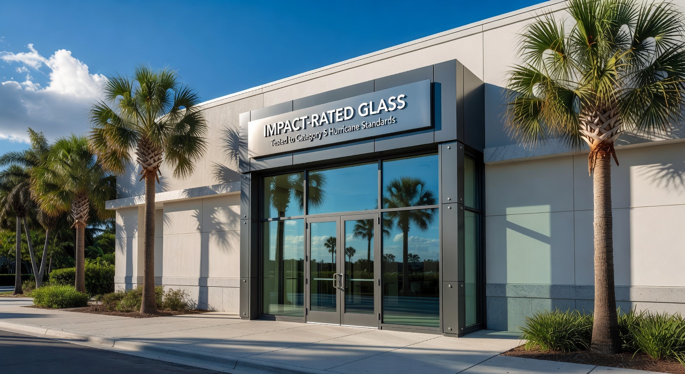 Ultra realistic 8K architectural photograph of hurricane-resistant commercial storefront with impact-rated glass windows and doors on a modern Naples building with palm trees and blue sky background
