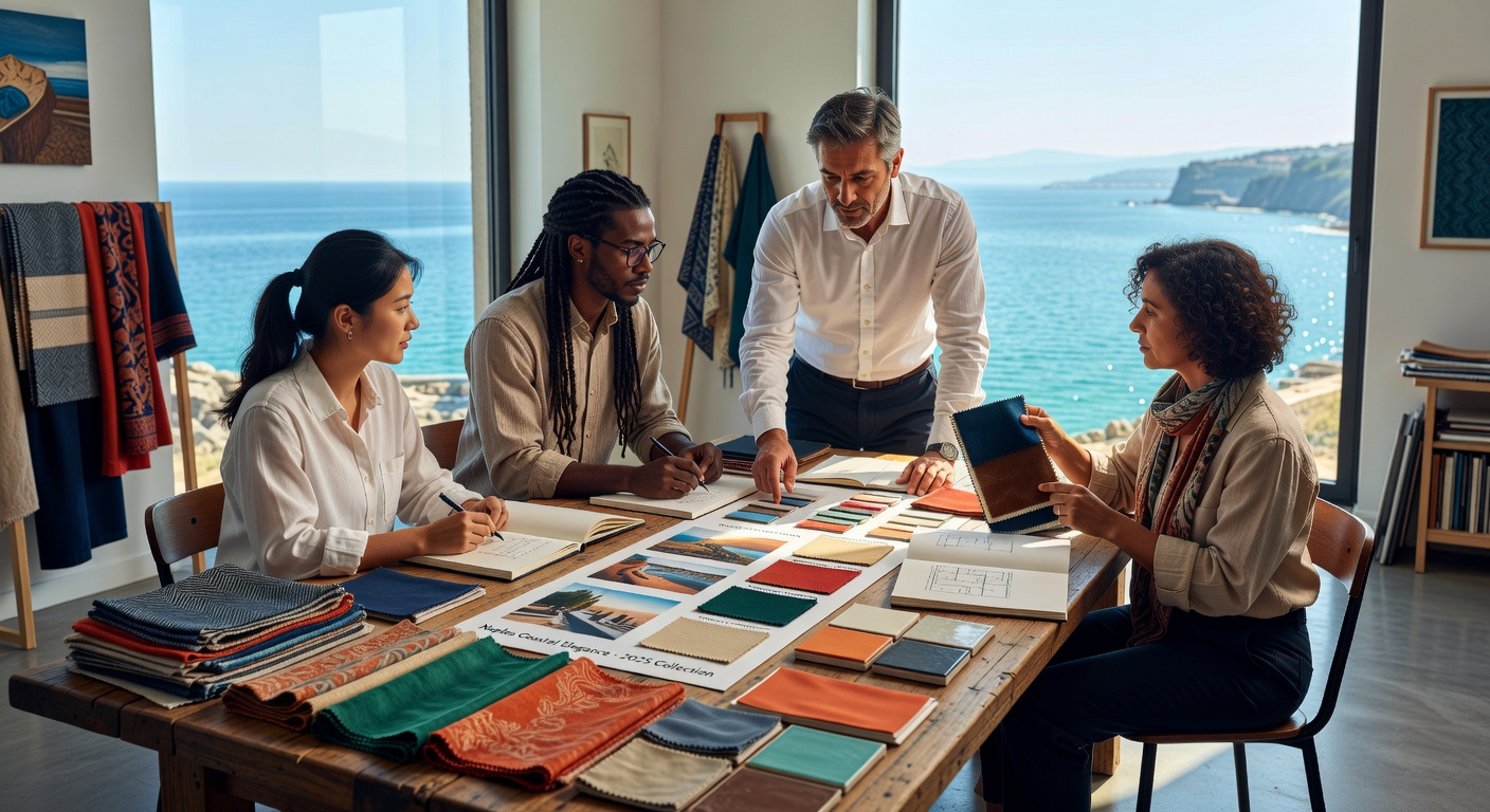 Ultra realistic 8K image of commercial interior design team collaborating around large table covered with mood boards, material samples and fabric swatches in bright Naples design studio with ocean view