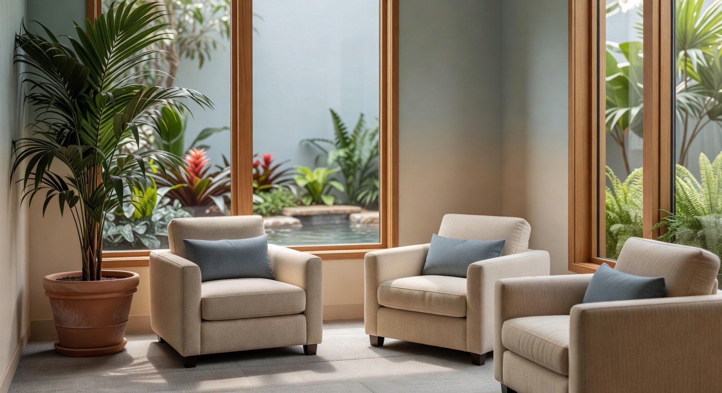 Ultra realistic 8K photograph of a calming medical office waiting area in Naples FL featuring soft blue and sand tones, comfortable healthcare-grade seating, natural elements and healing design principles