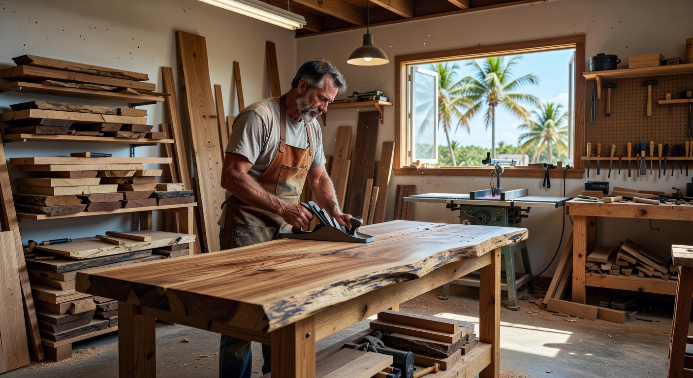 Ultra realistic 8K image of skilled local Florida craftsman hand-finishing custom millwork cabinetry in a well-equipped Naples workshop filled with tools and quality hardwood materials
