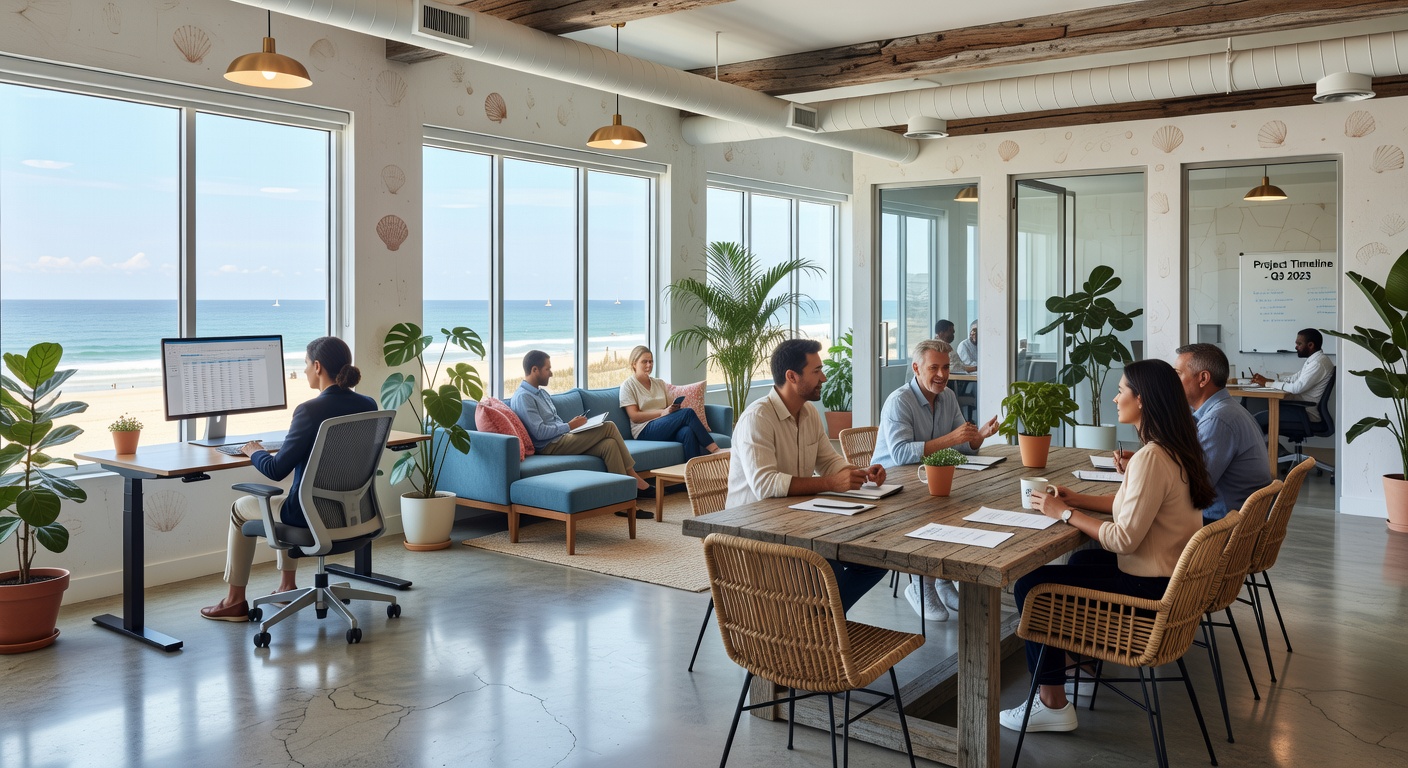 Ultra realistic 8K photograph of a dynamic modern coworking space in Naples Florida with flexible workstations, collaborative areas, abundant natural light and professional yet inviting coastal contemporary design