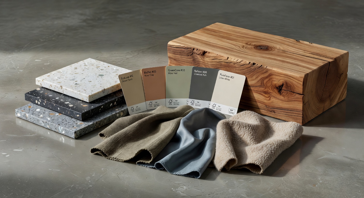 Ultra realistic 8K close-up of sustainable commercial interior finishes including recycled content tiles, low-VOC paint samples, FSC-certified wood and eco-friendly performance textiles arranged neatly