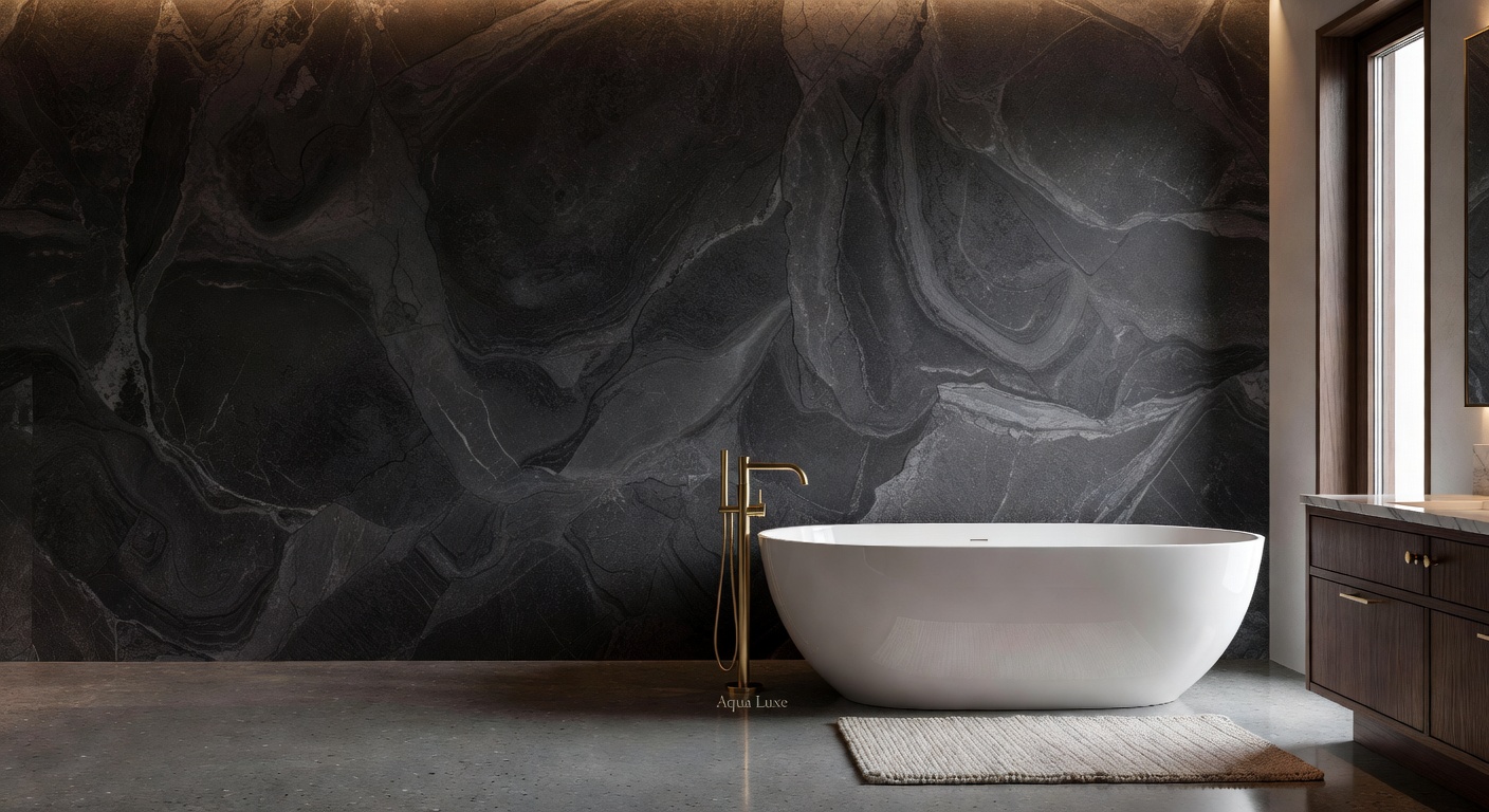 Ultra-realistic 8K photograph of a spa-like bathroom corner with built-in linen storage behind flush panel doors, large format floor tiles, and organic sculptural vase with local greenery