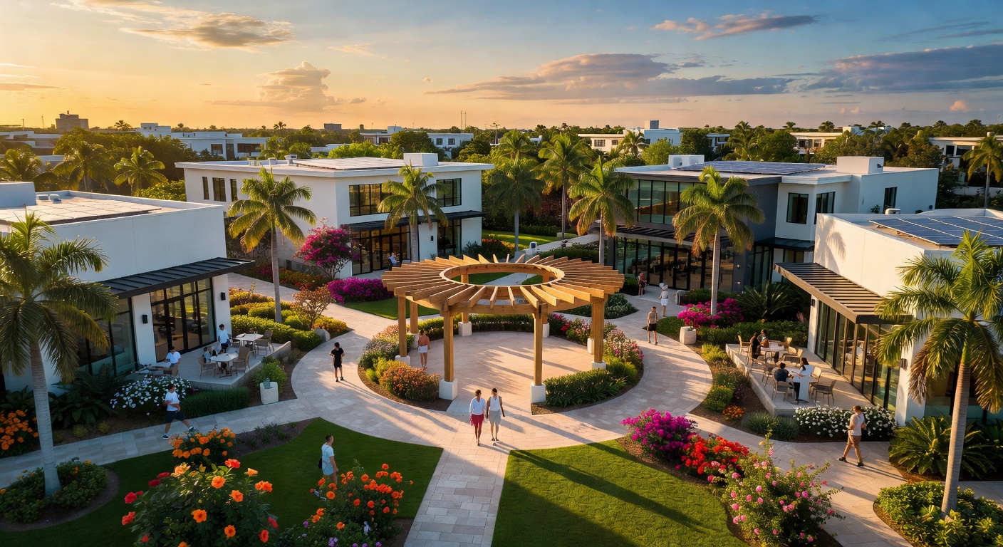 Ultra realistic 8K aerial photograph captured during golden hour of a newly redesigned commercial plaza in Naples FL showcasing modern architecture, lush subtropical landscaping and pedestrian-friendly layout