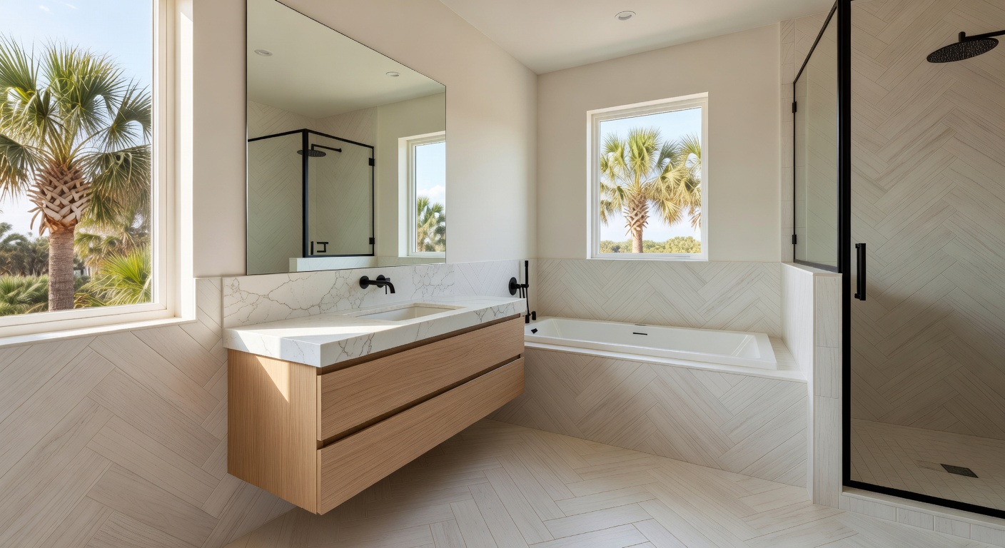 Ultra-realistic 8K image showing humidity-sensing exhaust fan grille seamlessly integrated into a white ceiling with multiple recessed LED lights in a luxury Florida bathroom