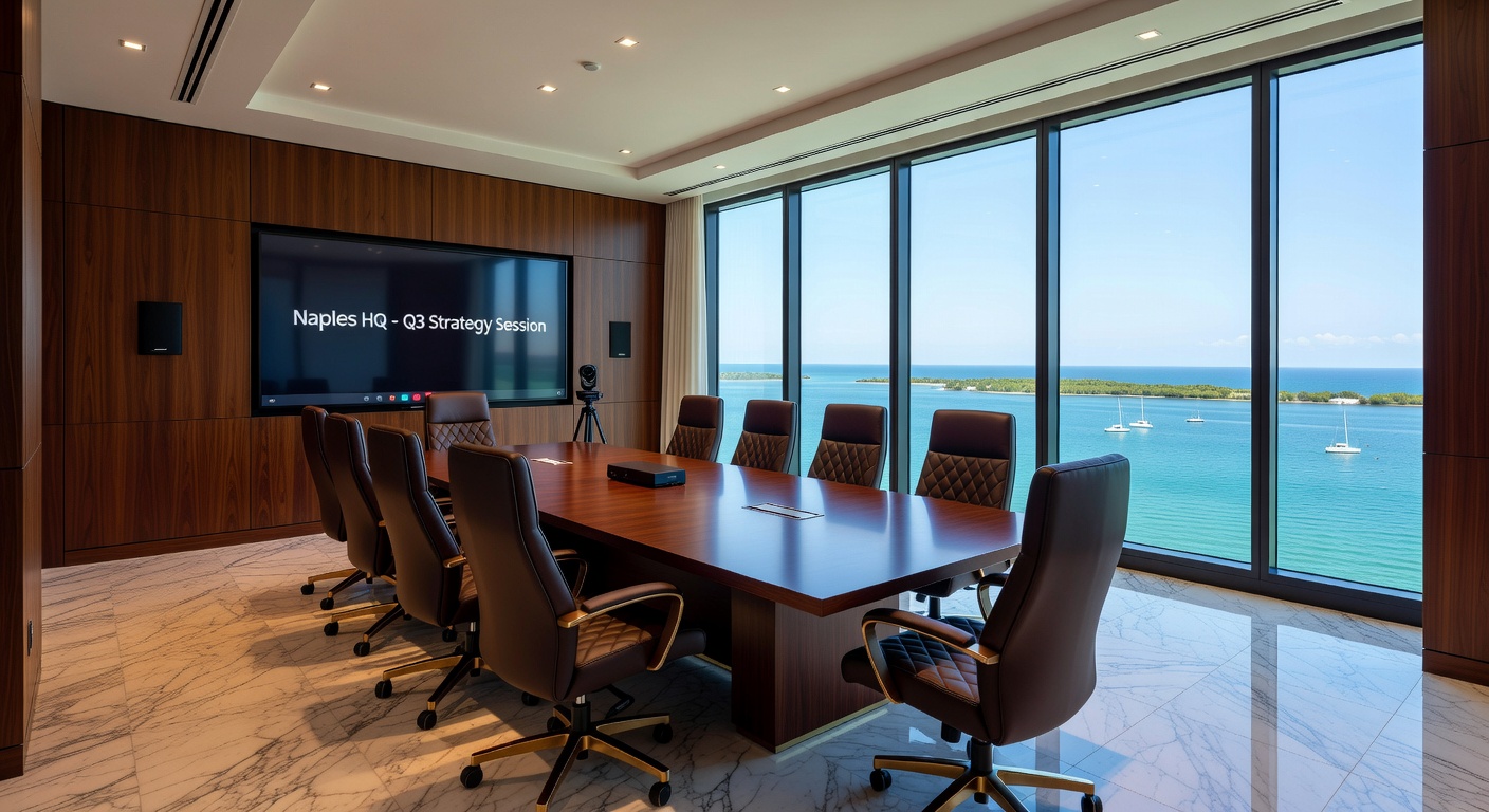 Ultra realistic 8K image of a premium executive conference room in a Naples corporate office featuring high-end furniture, sophisticated audiovisual equipment and stunning panoramic views of the Gulf of Mexico