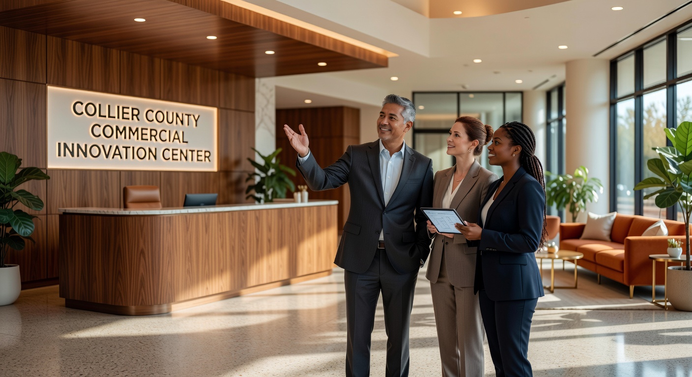 Ultra realistic 8K photograph of satisfied business owner and interior design team conducting final walkthrough in a beautifully completed commercial lobby renovation in Collier County with warm celebratory atmosphere