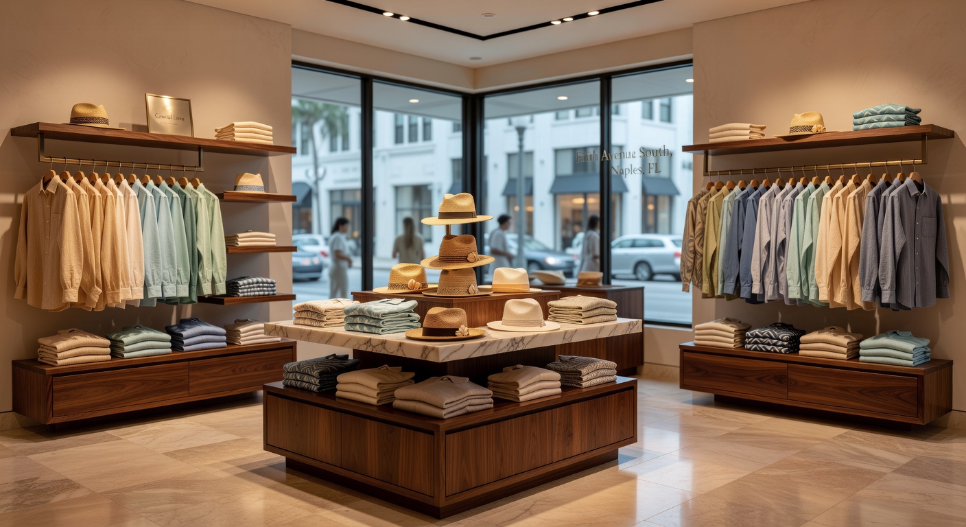 Ultra realistic 8K image of an elegant high-end retail boutique interior on Fifth Avenue South in Naples FL featuring custom display fixtures, warm ambient lighting, natural stone flooring and carefully curated coastal-inspired merchandise displays