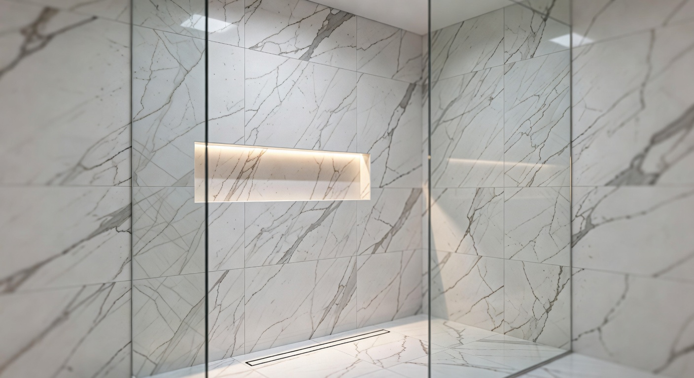 Ultra-realistic 8K close-up of engineered quartz countertop with integrated sink, matte black faucet with PVD finish, and subtle marble veining in a high-end humidity resistant Naples bathroom