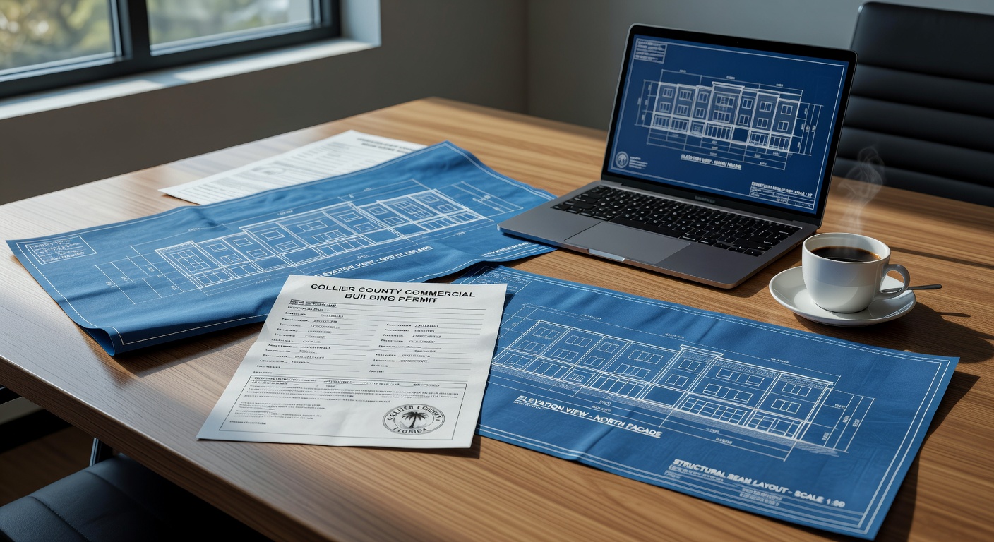 Ultra realistic 8K close-up photograph of Collier County commercial building permit documents, detailed architectural blueprints and stamped engineering drawings spread across a modern conference table with laptop and coffee cup, natural window light