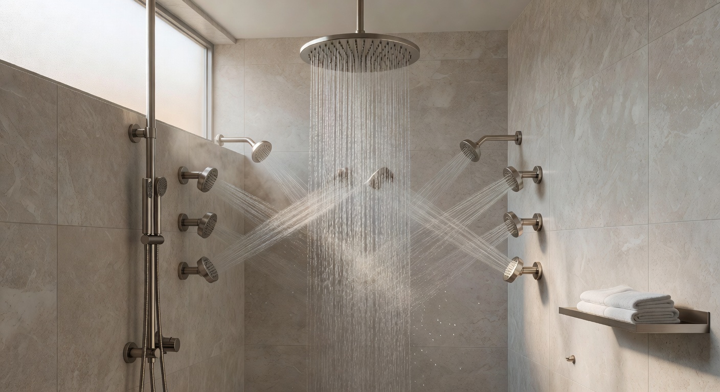 Ultra-realistic 8K image of a walk-in shower with seamless frameless glass, oversized 48x96 rectified porcelain tiles mimicking Calacatta marble, linear drain, and built-in recessed niche with LED lighting