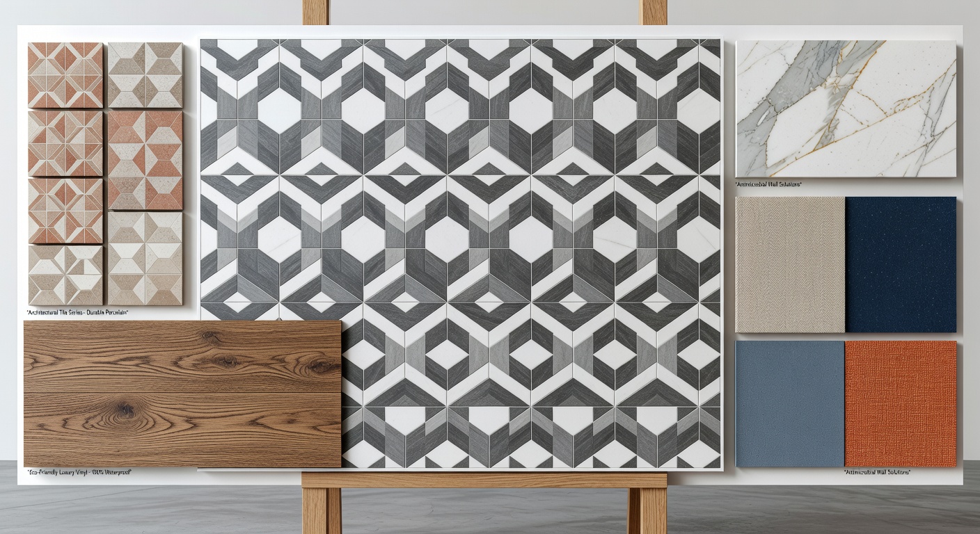 Ultra realistic 8K detail shot of durable commercial interior material samples arranged on display board including porcelain tiles, waterproof luxury vinyl, quartz surfaces, performance fabrics and antimicrobial wall finishes