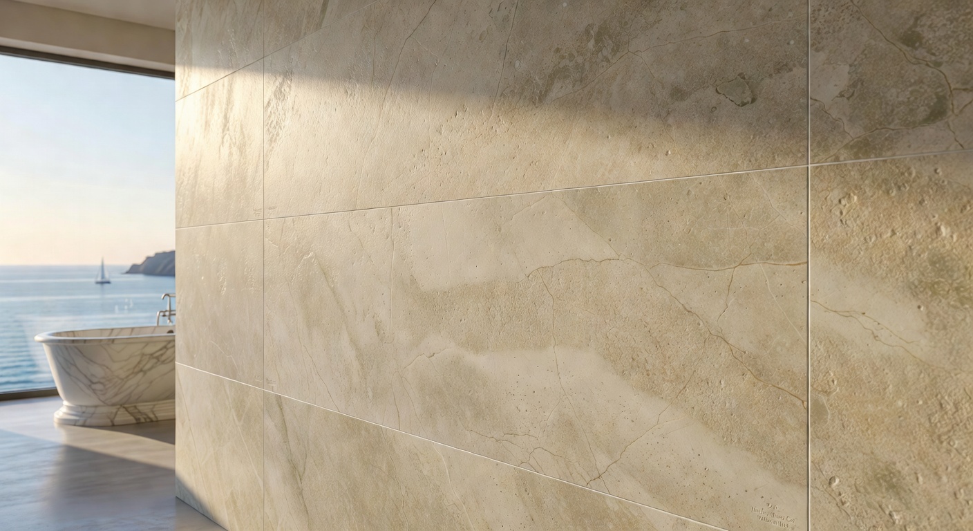 Ultra-realistic 8K photograph of a floating wall-hung double vanity in sintered stone with push-latch drawers, integrated LED backlighting, and anti-fog smart mirror in a clean minimalist Naples FL bathroom