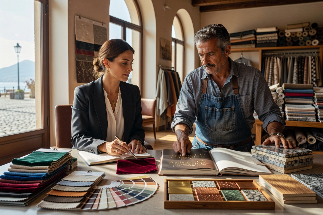 Ultra realistic 8K image of professional interior designer in negotiation meeting with local Naples vendor reviewing extensive material catalogs, fabric swatches and finish samples at a sunlit showroom table