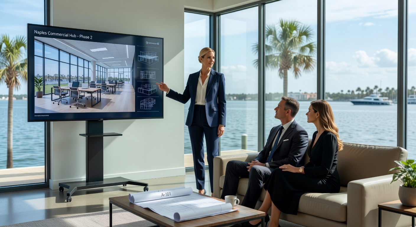 Ultra realistic 8K image of licensed architect presenting detailed commercial interior design plans and 3D renderings to clients on large screen in a contemporary waterfront Naples studio