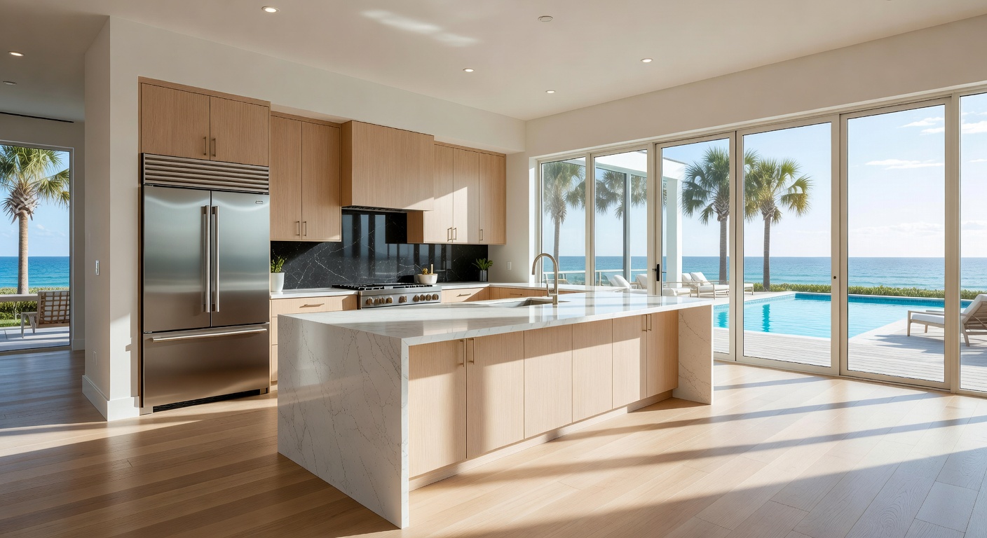 Ultra-realistic 8K photograph of a luxurious coastal contemporary kitchen in a Naples Florida waterfront home featuring white oak cabinetry, large waterfall quartz island, and expansive lanai views, natural daylight streaming through windows, high-end appliances, 2026 design trends
