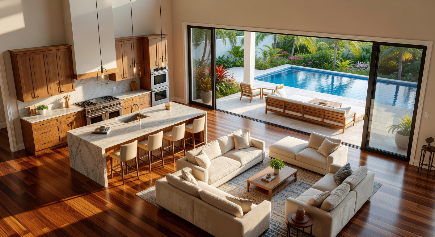 Aerial view of an open-concept luxury kitchen and great room in a Naples estate home, showing seamless indoor-outdoor flow through massive sliding glass doors to a tropical lanai and pool, 8K