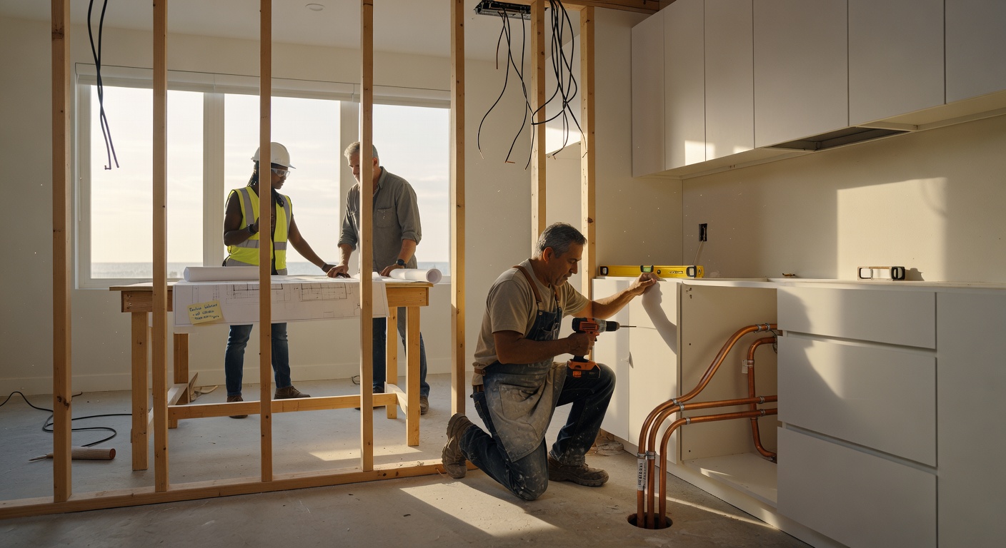 Modern kitchen renovation in progress in Naples Florida, showing exposed wiring, new plumbing, cabinet installation, construction workers in background, realistic documentary style, 8K resolution