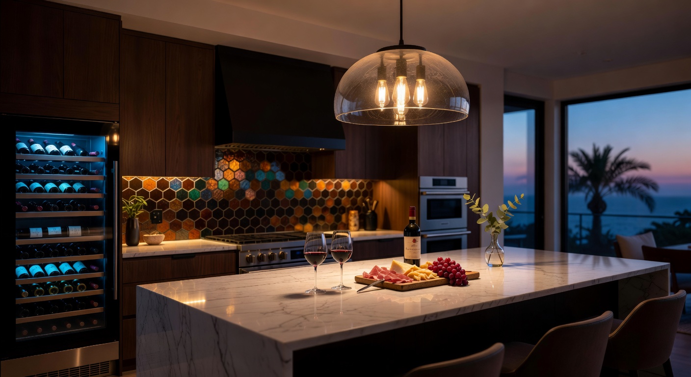 Stunning evening shot of a Naples kitchen with dramatic pendant lighting over a large island, wine fridge glowing, high-end backsplash, warm inviting atmosphere, photorealistic 8K