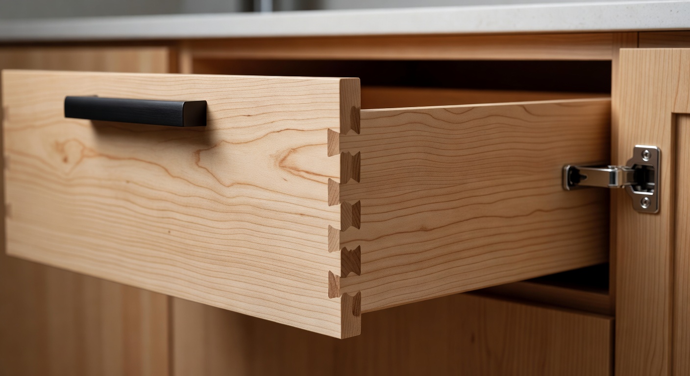 Close-up of luxury kitchen hardware details including matte black pull handles, soft-close hinges, and custom dovetail drawer construction, macro photography style, ultra-detailed 8K