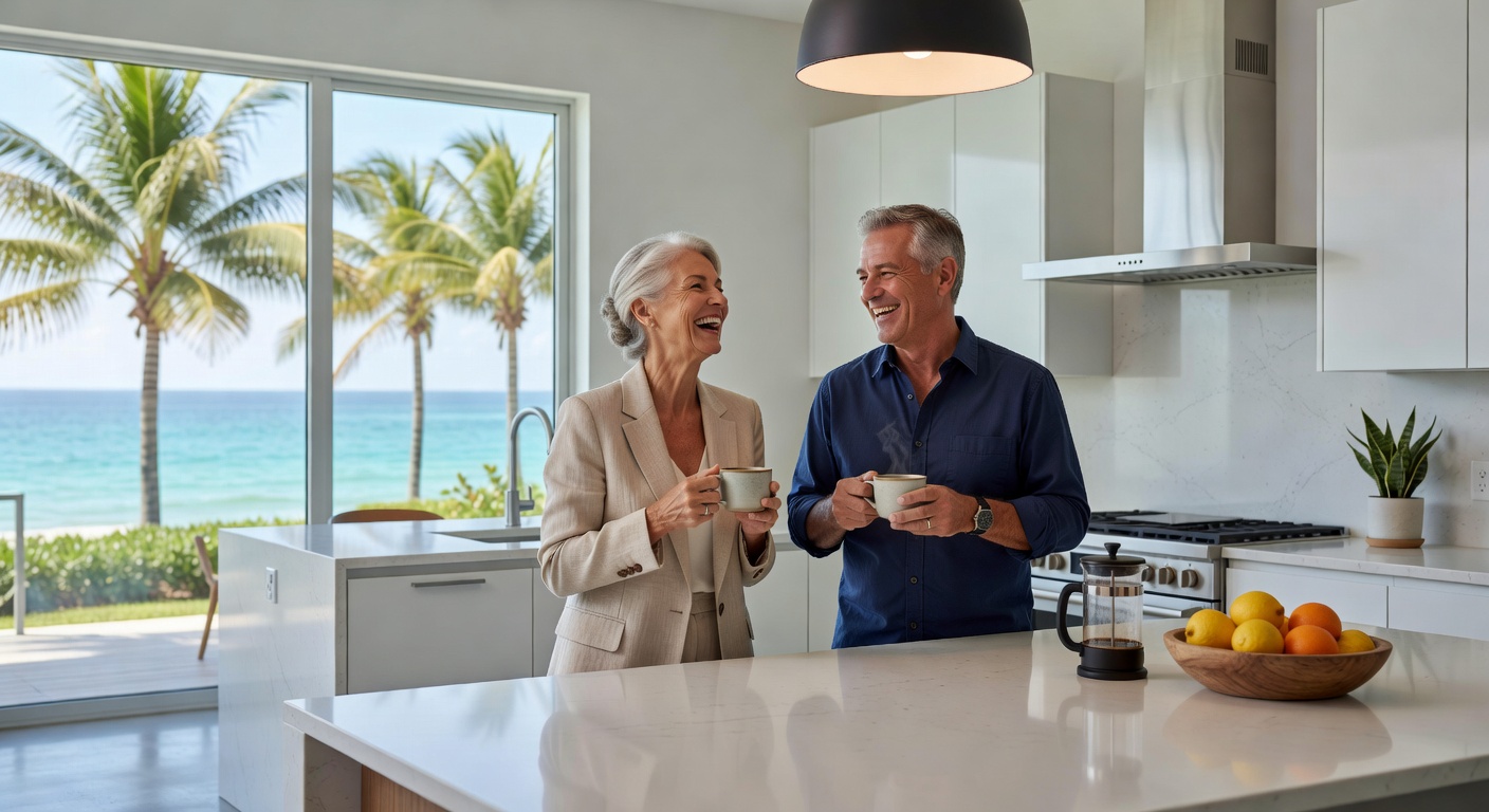 Senior couple enjoying morning coffee at their newly remodeled Naples kitchen island with bright natural light, smiling, relaxed lifestyle atmosphere, realistic candid photography, 8K