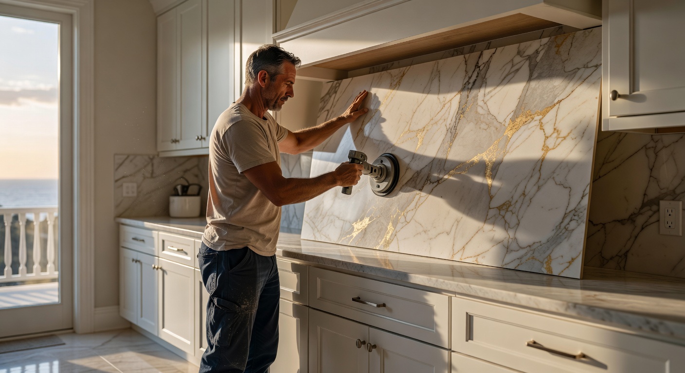 Large format porcelain tile being installed as a kitchen backsplash in a high-end Naples home, professional tiler at work, pristine white cabinets in background, realistic 8K photo