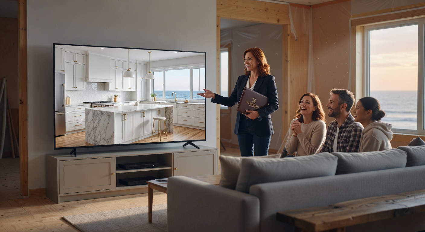 Professional kitchen designer from Nightingale Studio presenting final 3D rendering of a luxury coastal kitchen to excited clients in their temporary living space during renovation, realistic 8K scene
