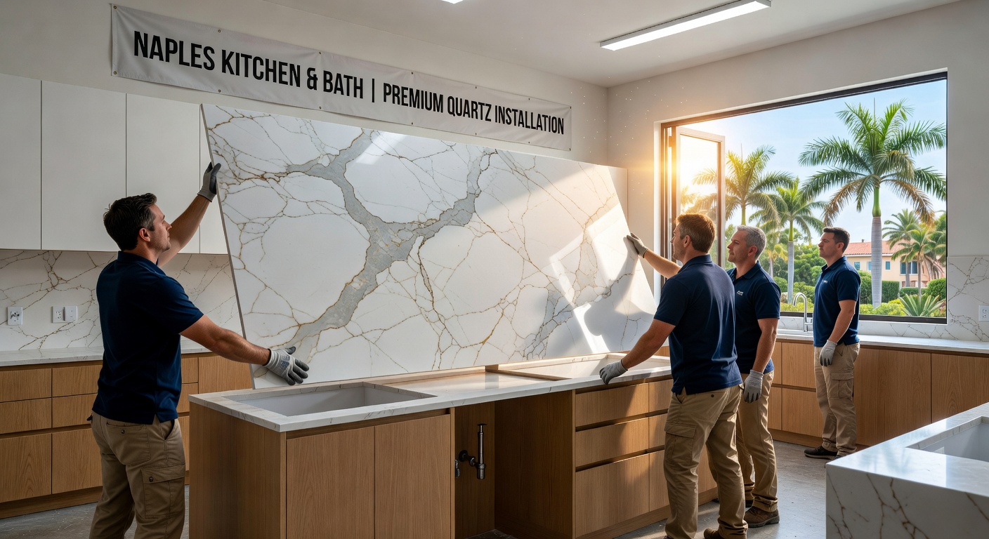 Detailed 8K image of quartz countertop installation process in a Naples kitchen renovation, showing large slab being lowered onto custom cabinetry by professional installers, bright workshop lighting, realistic textures and materials