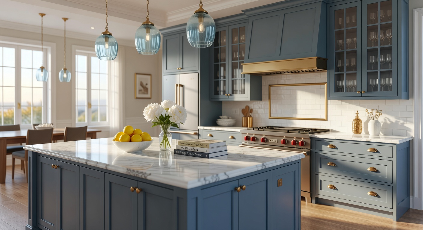 Luxury Naples kitchen with custom painted blue-gray cabinetry, brass hardware, statement glass pendant lights, and high-end Wolf range, morning sunlight, coastal elegant style, photorealistic 8K