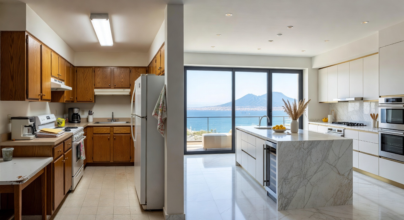 Before and after split image of a dated 1990s Naples kitchen transformed into a modern coastal luxury kitchen, side-by-side comparison, clean professional photography style, 8K resolution