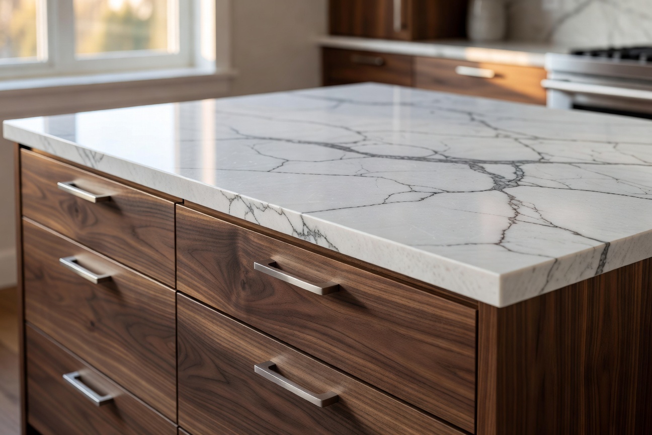 Close-up ultra-realistic 8K shot of premium Cambria quartz countertop with subtle veining next to custom walnut cabinetry with soft-close drawers, showing beautiful material textures and craftsmanship