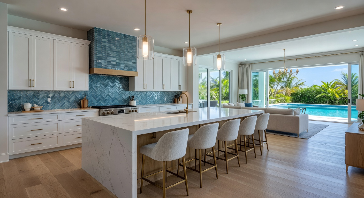 Elegant Naples Florida kitchen featuring a massive 12-foot waterfall-edge island with seating for six, dramatic lighting, ocean blue accents, and open concept layout leading to pool area, 8K photorealistic