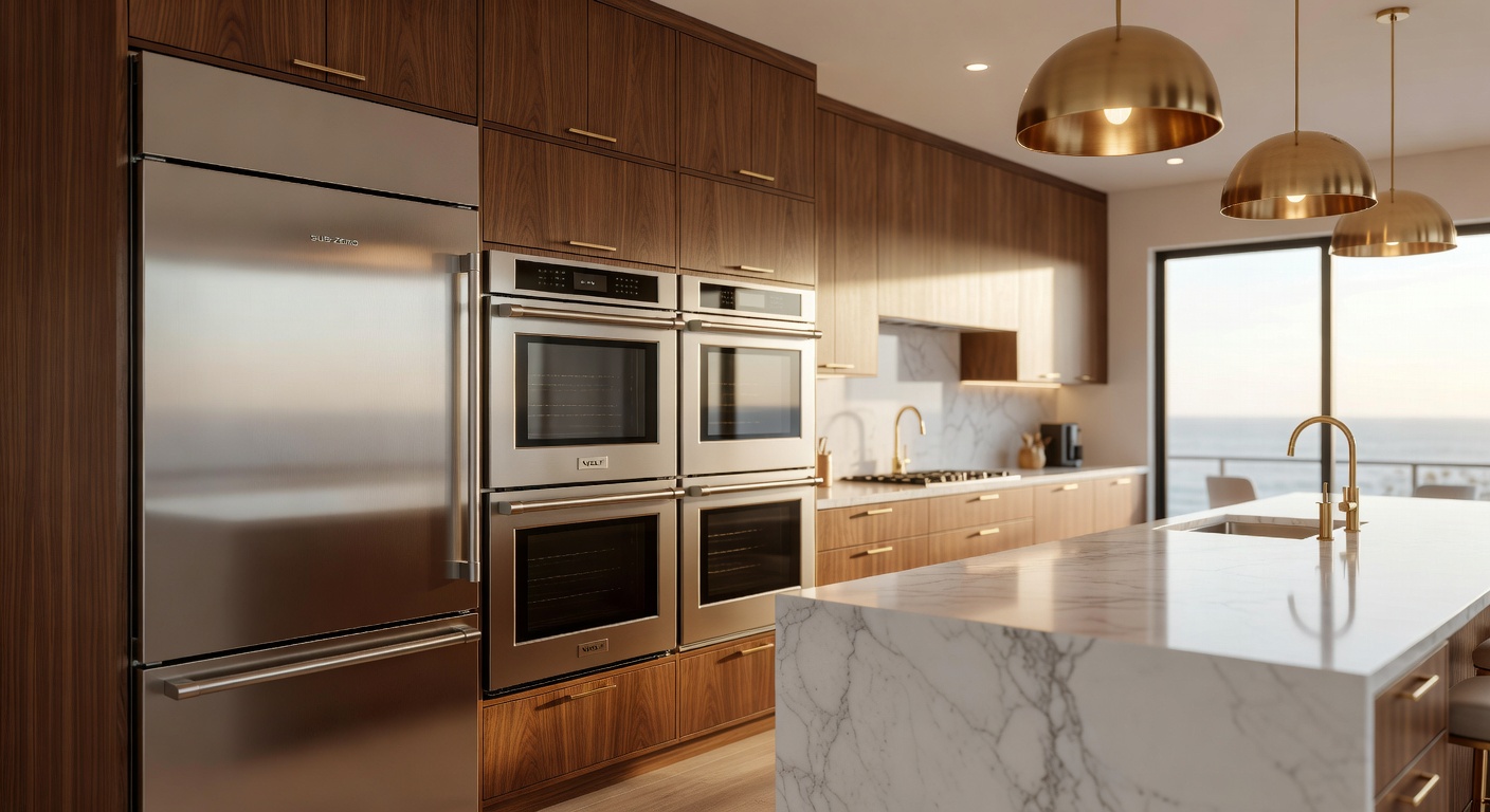 High-end Sub-Zero and Wolf appliance suite built into custom cabinetry in a Naples luxury kitchen, integrated panel-ready refrigerator, double wall ovens, warm ambient lighting, 8K detail shot