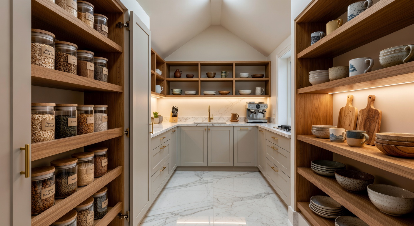 Beautiful coastal kitchen pantry with custom organization systems, pull-out shelves, labeled containers, soft LED lighting, walk-in design with marble flooring, ultra-realistic 8K image
