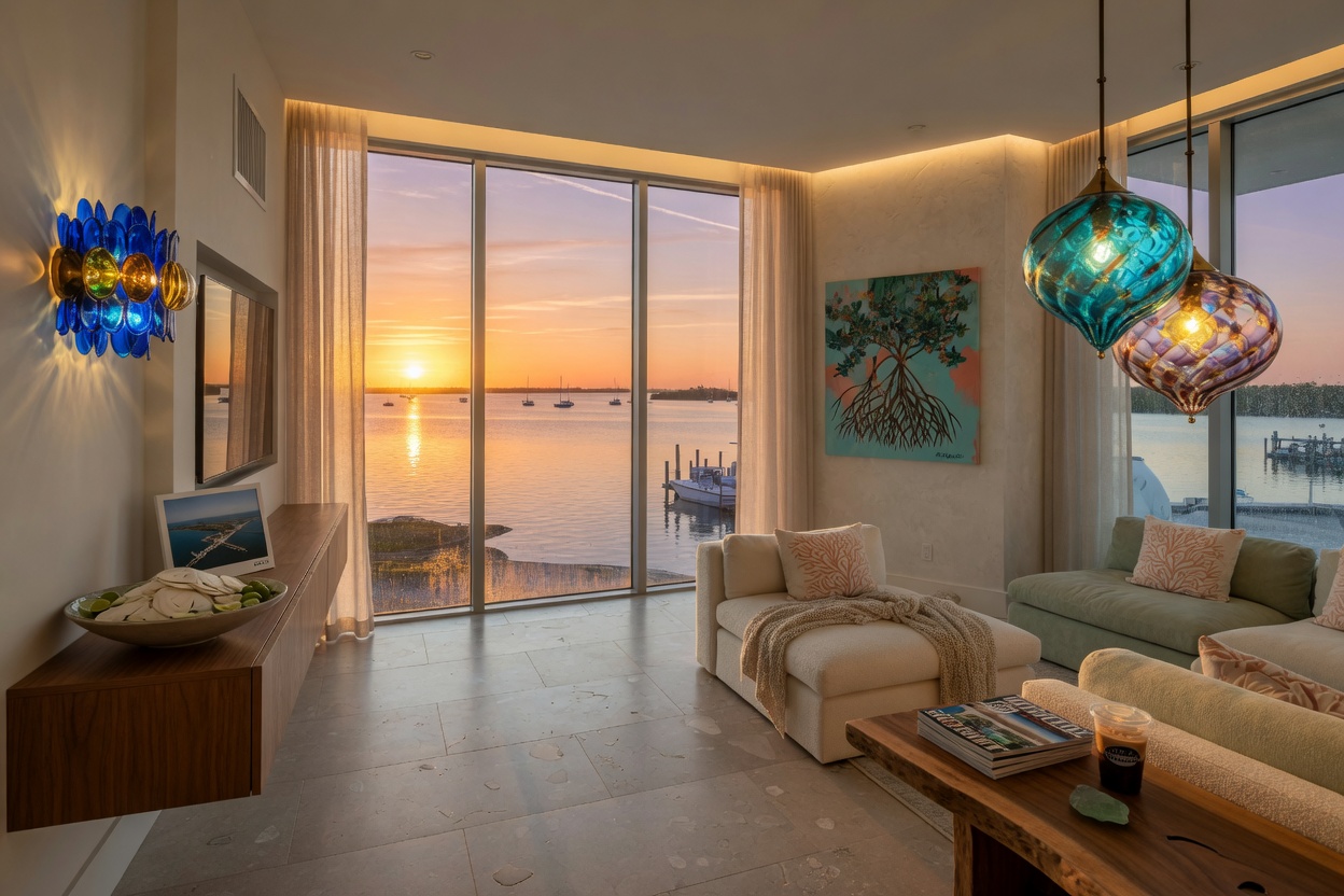 Ultra-realistic 8K photograph of a modern Naples Florida waterfront living room in 2026 with floor-to-ceiling windows overlooking the Gulf, humidity-resistant porcelain floors, and local artisan glass lighting fixtures, golden hour lighting, architectural photography