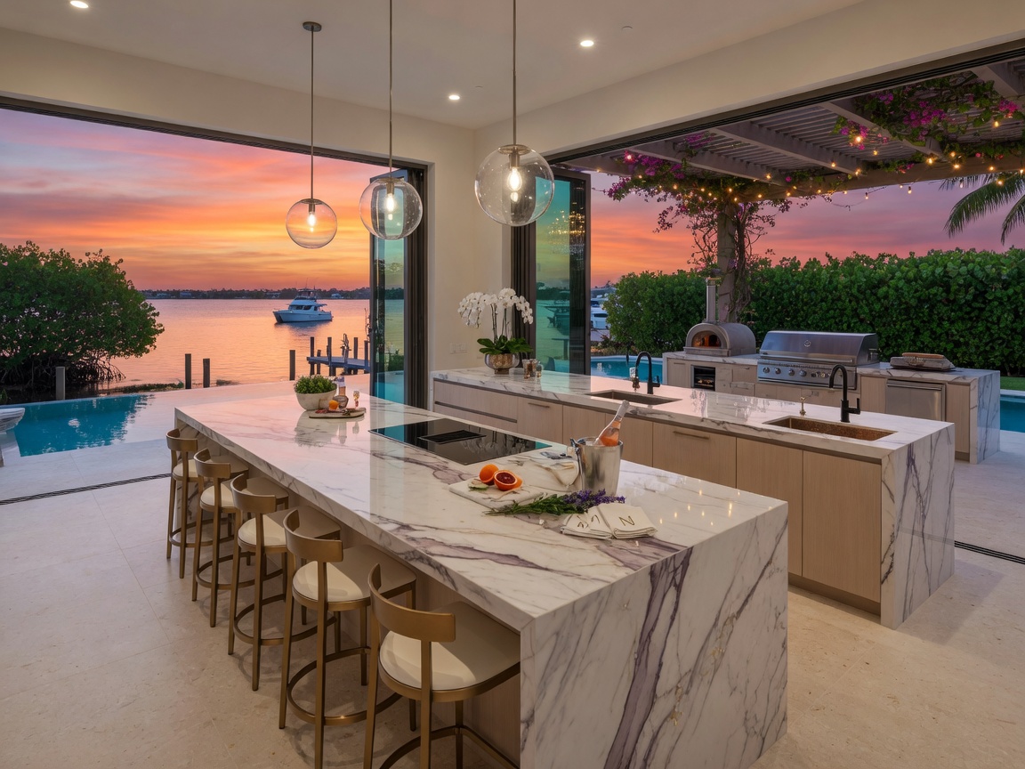 Ultra-detailed 8K shot of a custom live-edge cypress dining table crafted by a Marco Island artisan, paired with modern dining chairs, set in a Naples waterfront home with water views in background