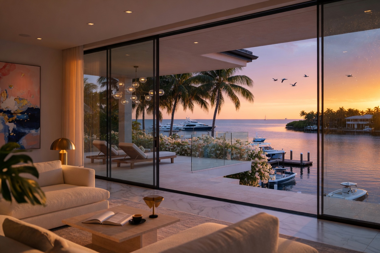 Ultra-realistic 8K image of a biophilic interior feature wall with living sea grape plants and sculptural fossil stone elements in a contemporary Naples coastal residence