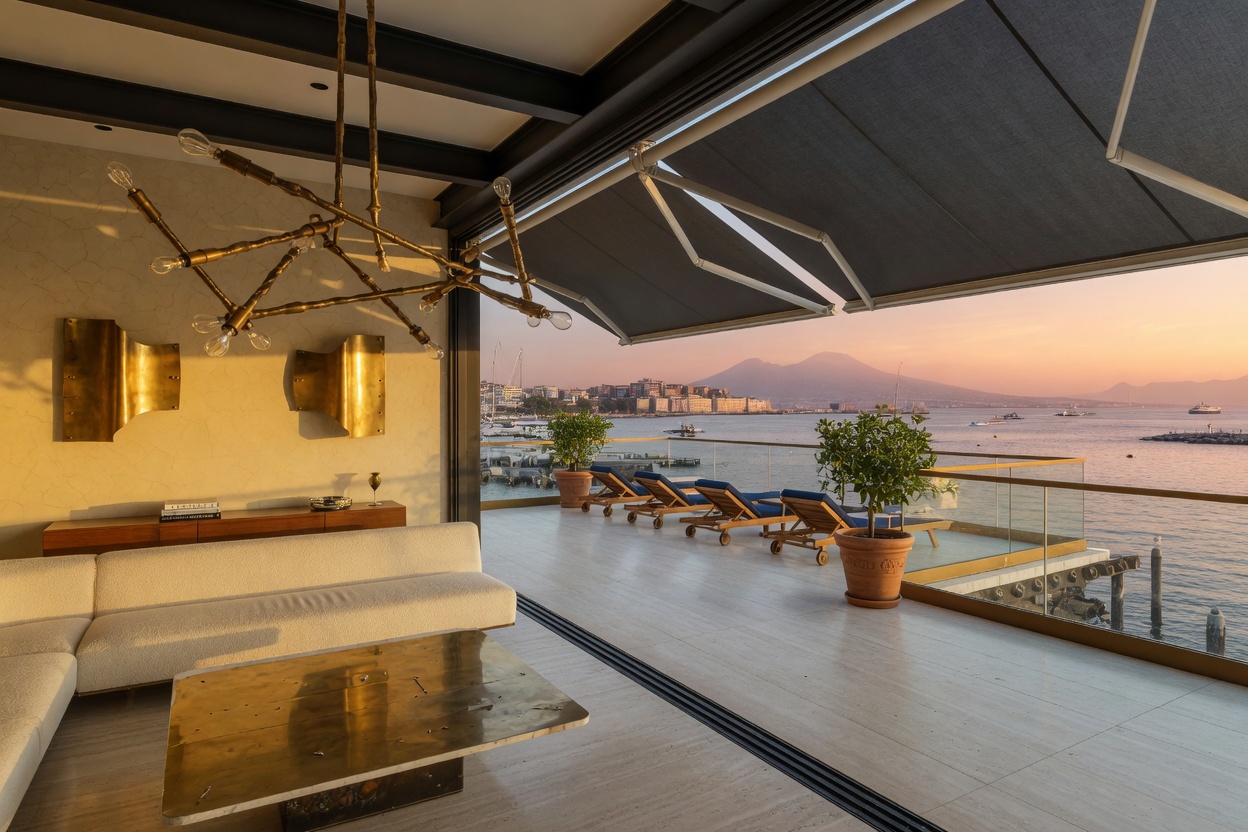 Ultra-realistic 8K image of a sophisticated coastal bedroom with deep navy accents, performance linens, and large windows capturing a view of Naples Bay at twilight