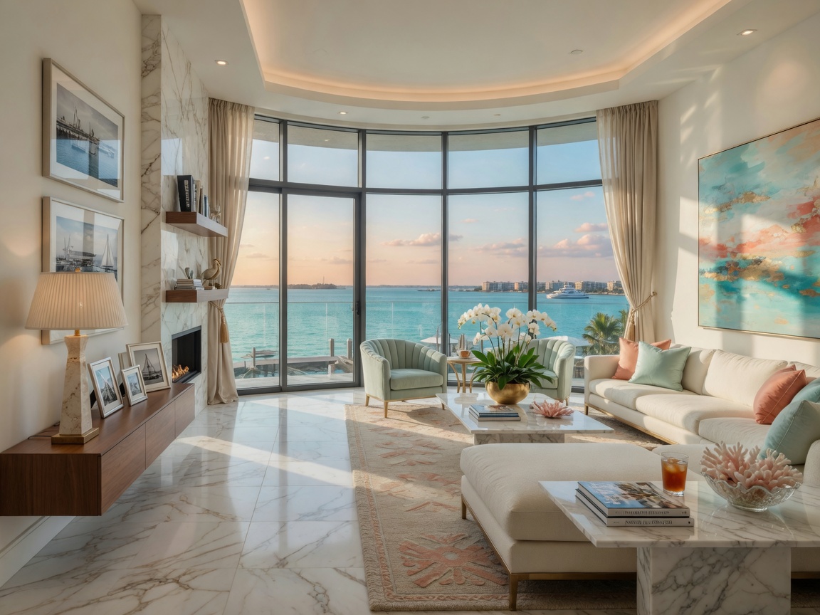Ultra-realistic 8K rendering of a luxurious Naples waterfront living room with floor-to-ceiling windows overlooking the Gulf of Mexico, photorealistic 3D interior design visualization, soft natural lighting, elegant contemporary furnishings, marble floors, high detail textures, architectural visualization style