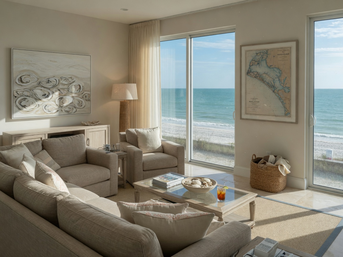 Ultra-realistic 8K photograph of a sophisticated Naples Florida coastal living room with neutral color palette, large sliding glass doors opening to the Gulf of Mexico, comfortable performance fabric sofas, and natural light streaming in, showing practical coastal interior design