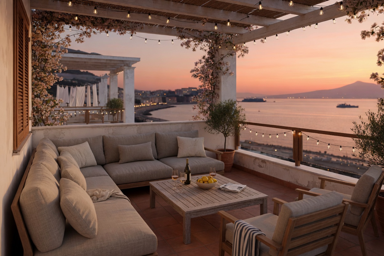 Ultra-realistic 8K photograph of contemporary Naples lanai with outdoor living room featuring weather-resistant performance fabrics in neutral tones, teak furniture, and sunset over the water