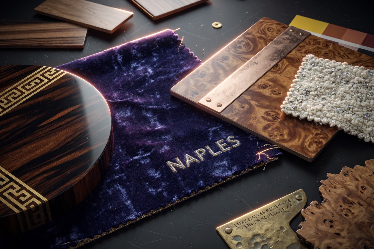 High detail 3D texture study of exotic wood finishes, metallic accents, and fabric swatches for luxury Naples interior project, studio lighting, macro photography style, 8K resolution