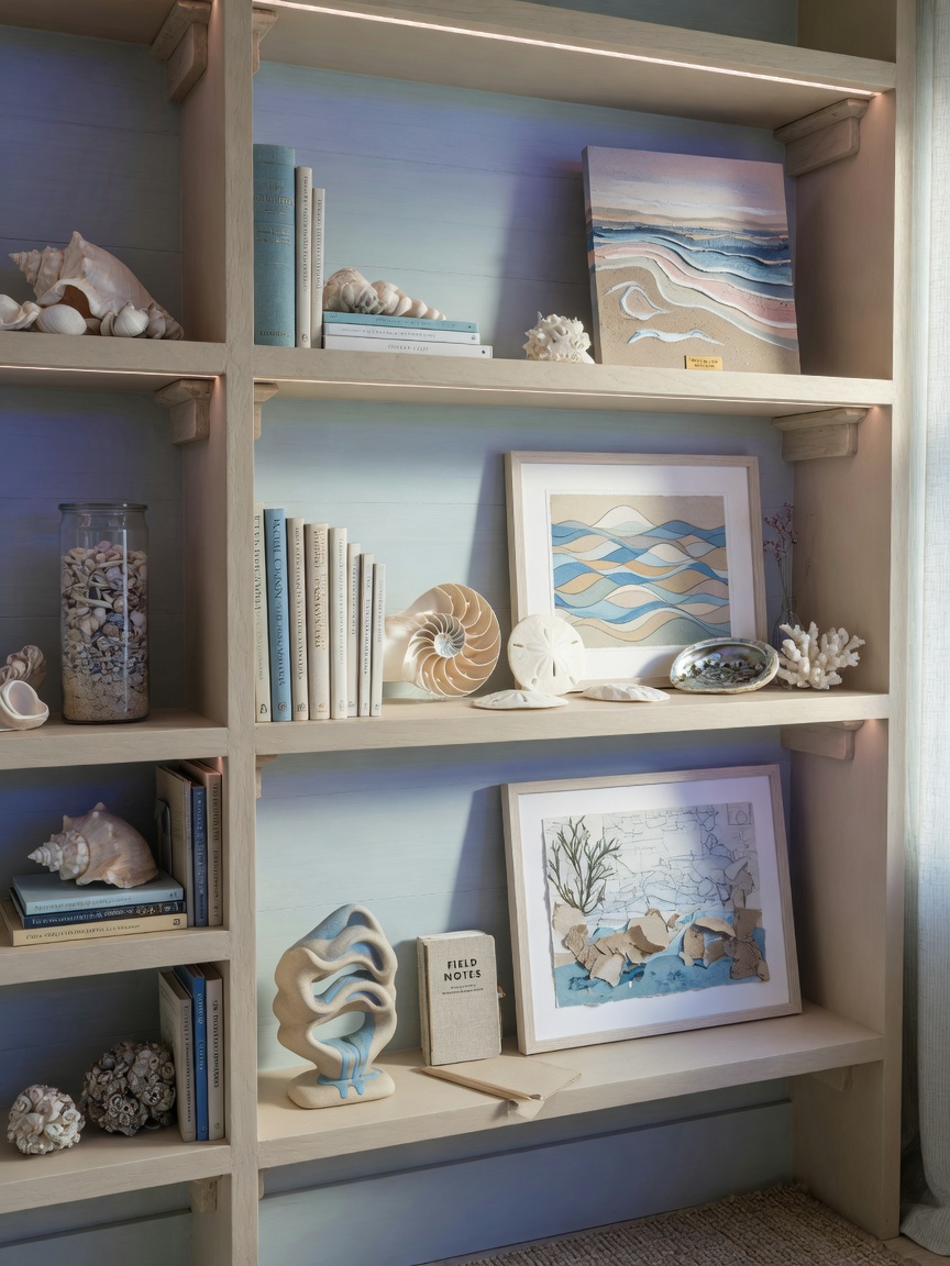 Ultra-realistic 8K image of custom built-in shelving in coastal home office showcasing curated collection of shells, books, and modern art with soft blue and sand color scheme