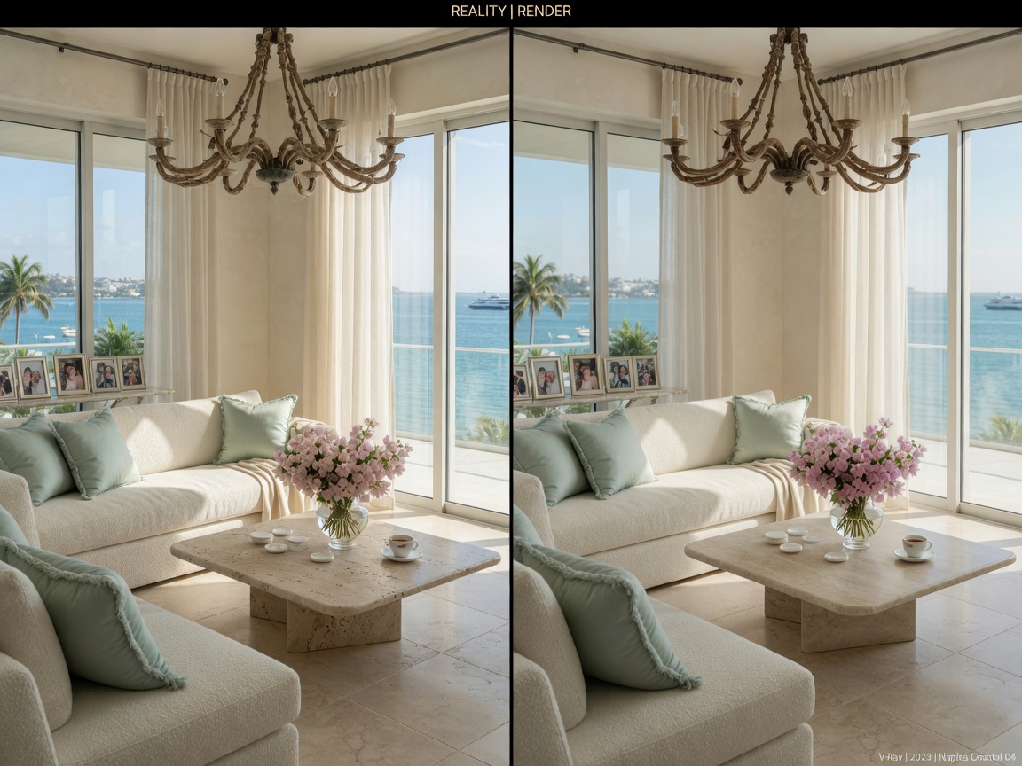 Side-by-side comparison showing physical luxury interior after completion versus the original 3D rendering, demonstrating accuracy, Naples coastal home, natural light, 8K ultra-realistic