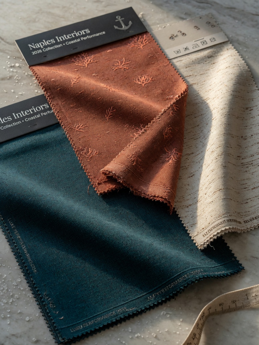 Ultra-realistic 8K close-up of luxury performance fabric swatches in sophisticated coastal colors including deep teal, warm terracotta, and creamy neutrals for Naples interiors 2026