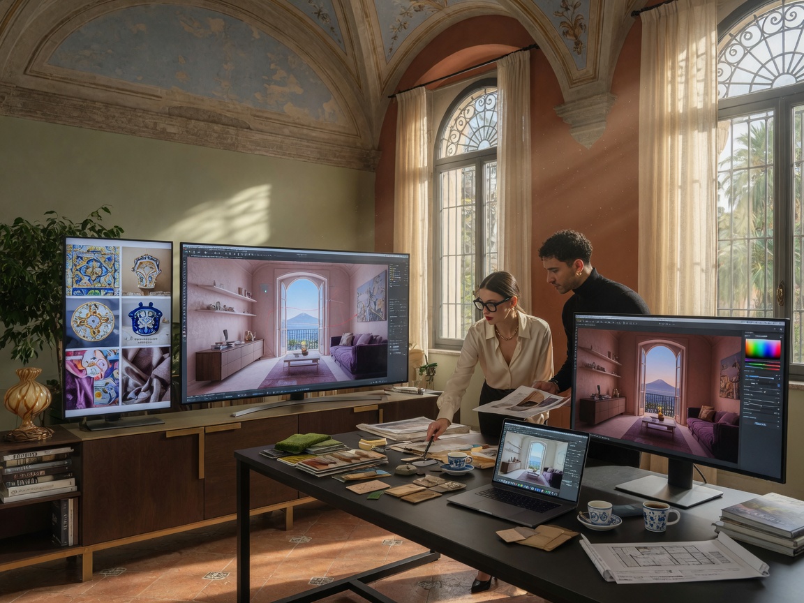 Modern Naples interior design studio with multiple large monitors displaying 3D models and renderings in progress, creative workspace, afternoon sunlight, photorealistic 8K image